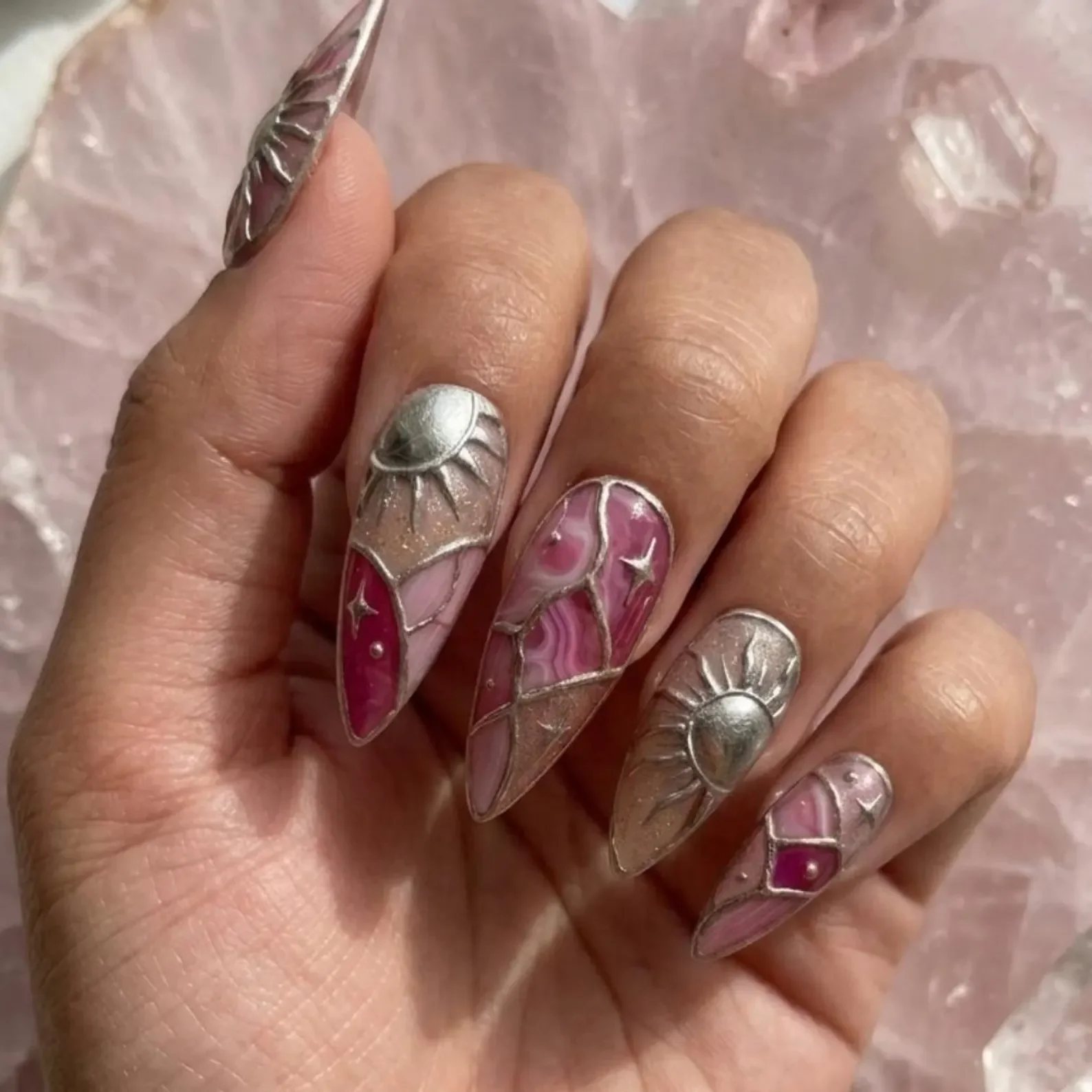 sun moon aura, chrome stiletto, press on nails, custom press on nails, fake nails, Nails Art, stained glass nails, gold press on nails, 3d press on nails, luxury press on nails, handmade press on nails