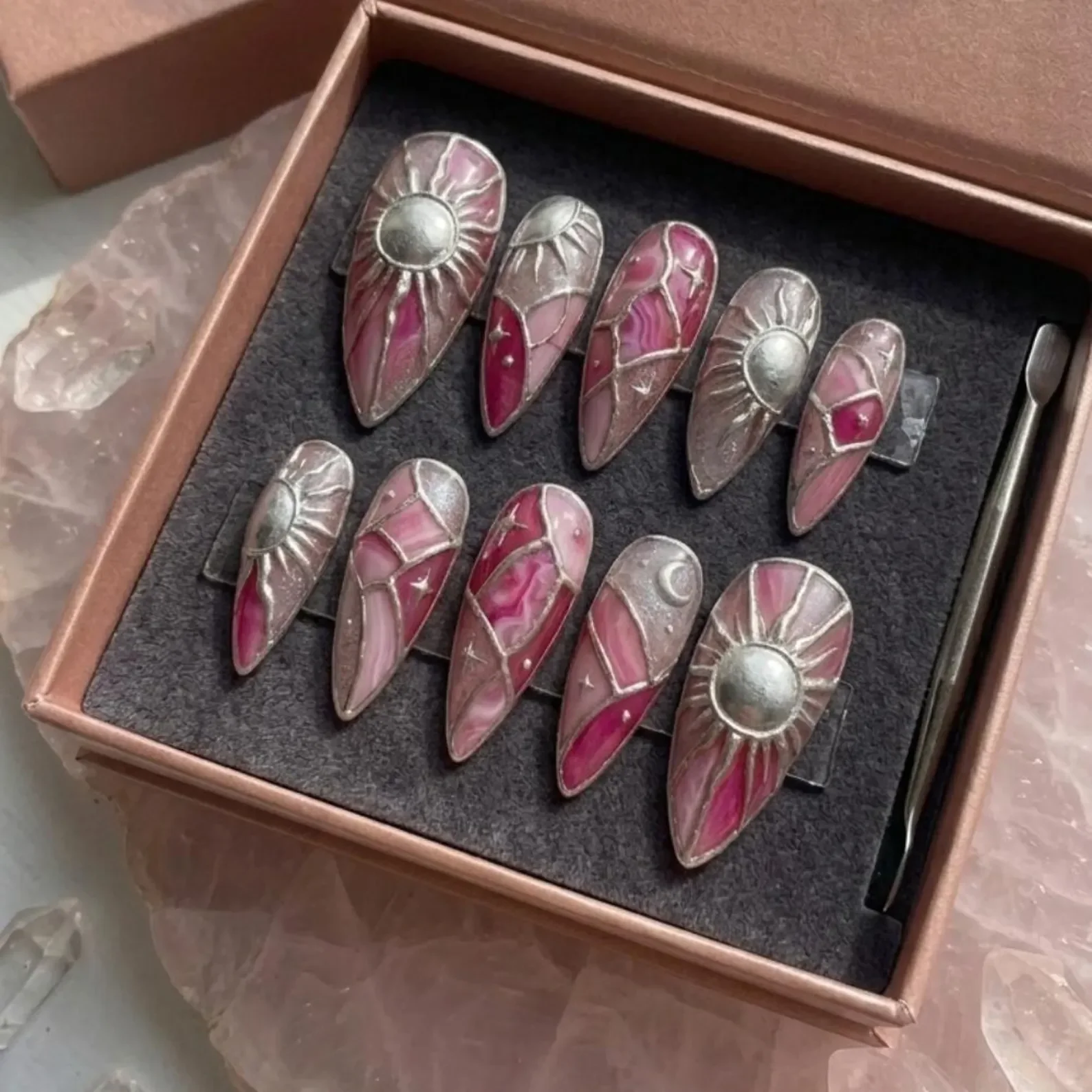 sun moon design, celestial nails, press on nails, custom press on nails, fake nails, Nails Art, stained glass nails, gold press on nails, 3d press on nails, luxury press on nails, handmade press on nails