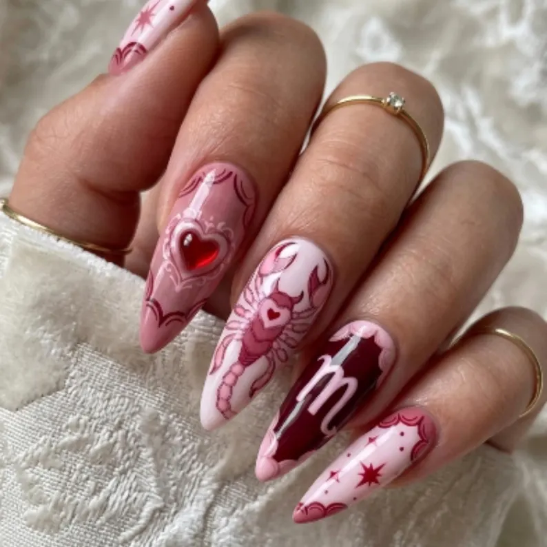 press on nails, pink heart nails, custom press on nails, fake nails, Nails Art, stained glass nails, gold press on nails, 3d press on nails, luxury press on nails, handmade press on nails
