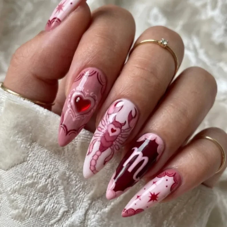 Scorpio zodiac nails, Celestial star nails, press on nails, custom press on nails, fake nails, Nails Art, stained glass nails, gold press on nails, 3d press on nails, luxury press on nails, handmade press on nails
