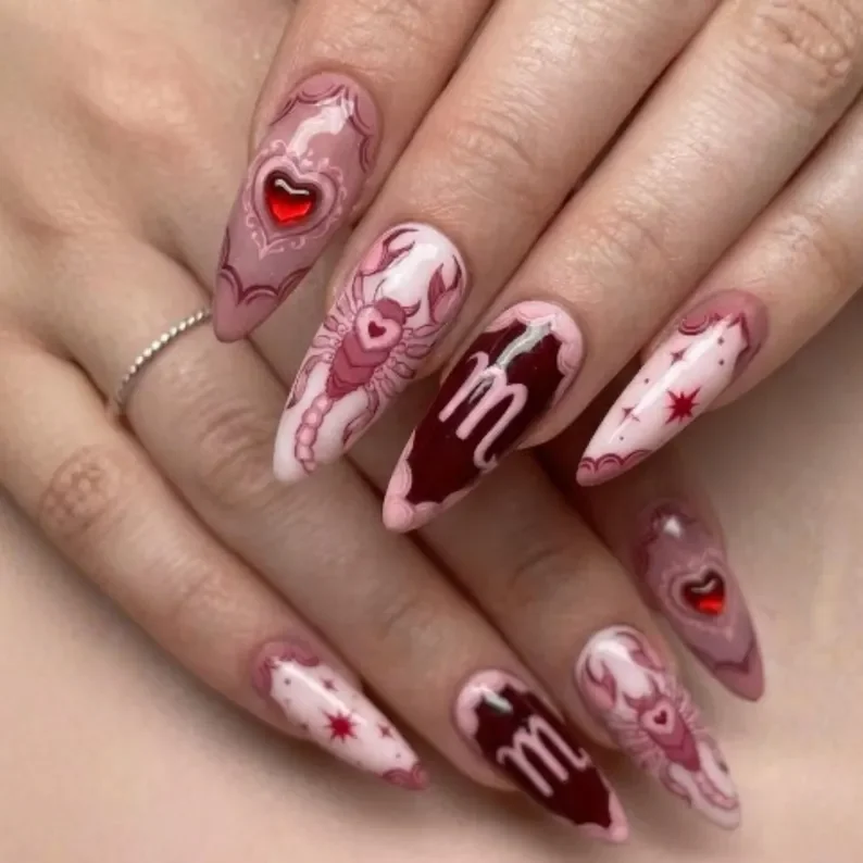 press on nails, pink heart nails, custom press on nails, fake nails, Nails Art, stained glass nails, gold press on nails, 3d press on nails, luxury press on nails, handmade press on nails