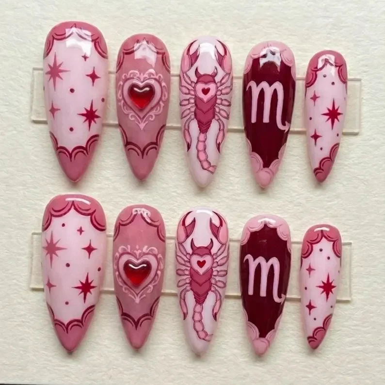 scorpion nail art, astrology nail art, press on nails, custom press on nails, fake nails, Nails Art, stained glass nails, gold press on nails, 3d press on nails, luxury press on nails, handmade press on nails