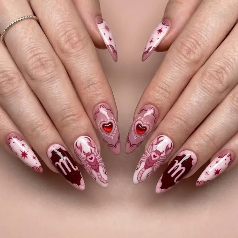 zodiac press ons, Scorpio nail design, press on nails, custom press on nails, fake nails, Nails Art, stained glass nails, gold press on nails, 3d press on nails, luxury press on nails, handmade press on nails
