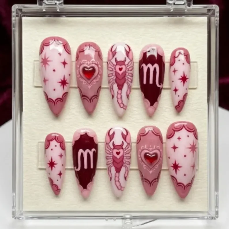 Scorpio zodiac nails, Celestial star nails, press on nails, custom press on nails, fake nails, Nails Art, stained glass nails, gold press on nails, 3d press on nails, luxury press on nails, handmade press on nails