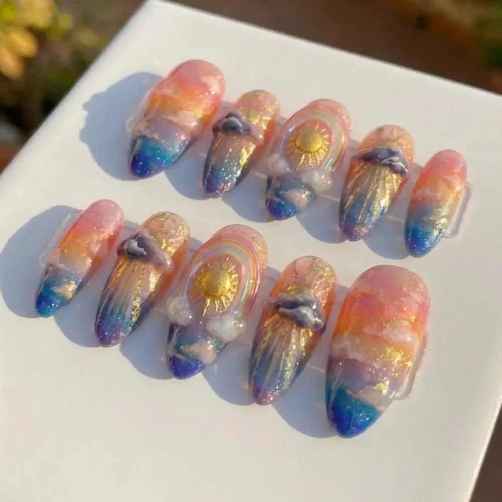 3D sunset, cloud art, press on nails, custom press on nails, fake nails, Nails Art, stained glass nails, gold press on nails, 3d press on nails, luxury press on nails, handmade press on nails