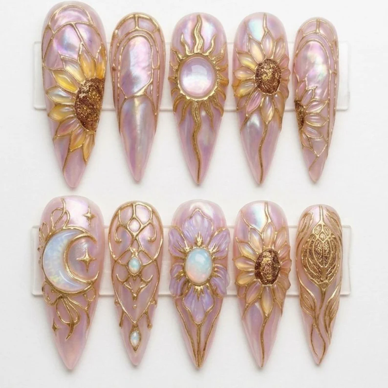 celestial sunflower nails, stained glass press on, press on nails, custom press on nails, fake nails, Nails Art, stained glass nails, gold press on nails, 3d press on nails, luxury press on nails, handmade press on nails