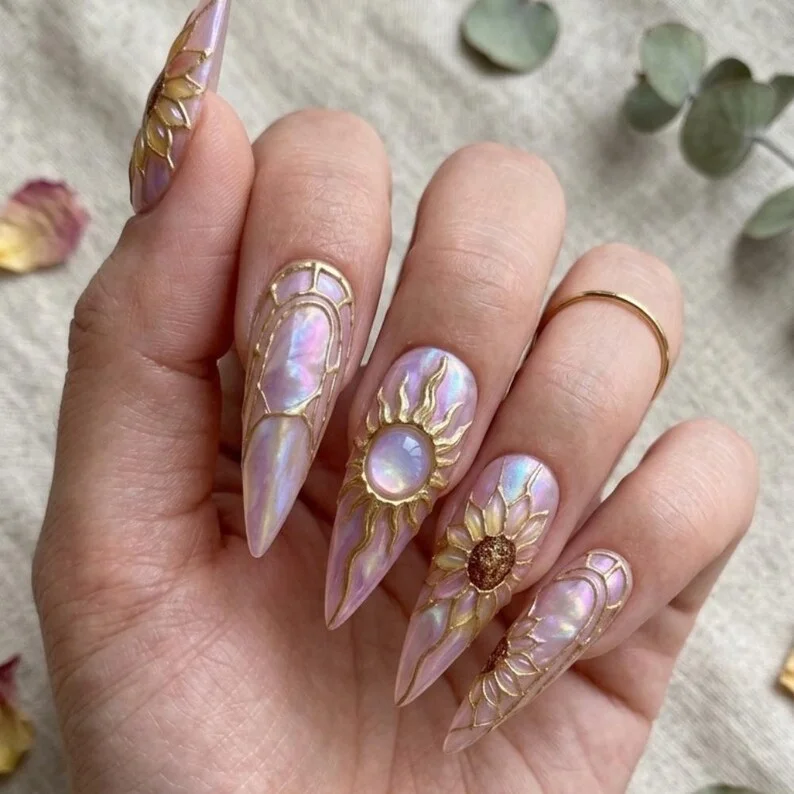 moon and sun design, gold celestial nails, press on nails, custom press on nails, fake nails, Nails Art, stained glass nails, gold press on nails, 3d press on nails, luxury press on nails, handmade press on nails