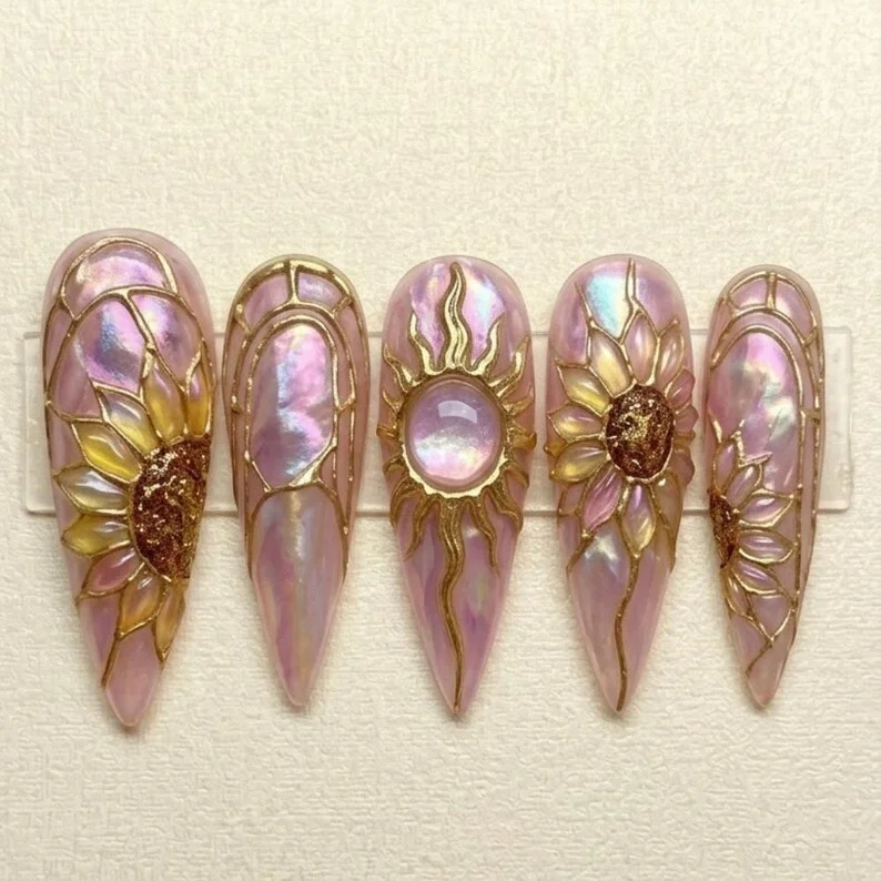 press on nail set, art nouveau moon, press on nails, custom press on nails, fake nails, Nails Art, stained glass nails, gold press on nails, 3d press on nails, luxury press on nails, handmade press on nails