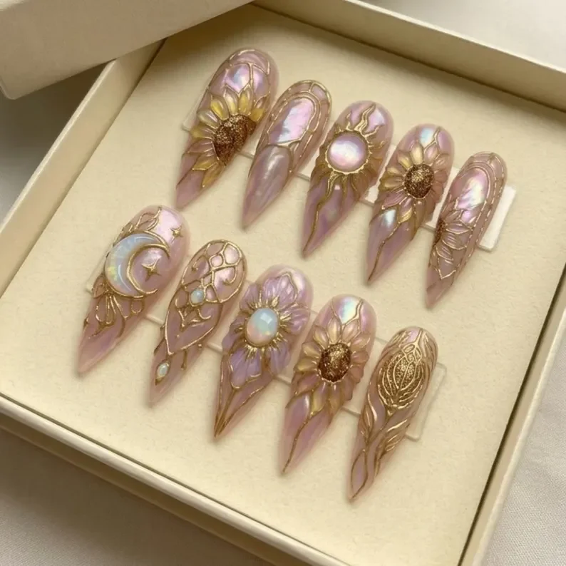 sunflower stained glass, 3D gold accents, press on nails, custom press on nails, fake nails, Nails Art, stained glass nails, gold press on nails, 3d press on nails, luxury press on nails, handmade press on nails