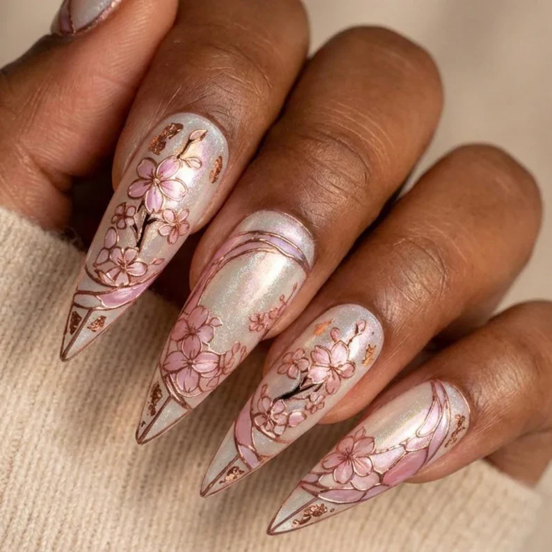cherry blossom nails, stained glass nails, press on nails, custom press on nails, fake nails, Nails Art, gold press on nails, 3d press on nails, luxury press on nails, handmade press on nails
