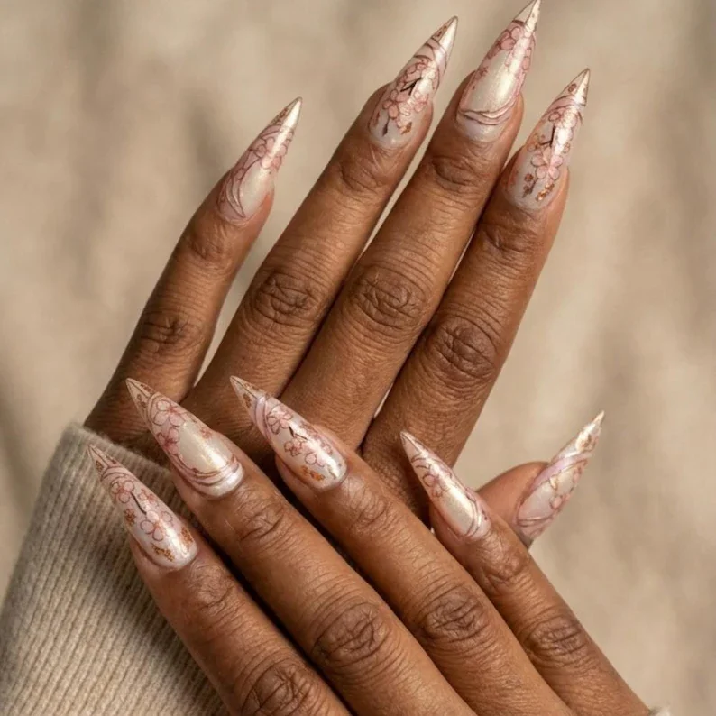 art nouveau nails, sakura nail art, press on nails, custom press on nails, fake nails, Nails Art, stained glass nails, gold press on nails, 3d press on nails, luxury press on nails, handmade press on nails