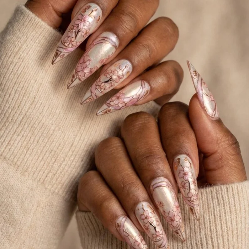 sakura press ons, stained glass manicure, press on nails, custom press on nails, fake nails, Nails Art, stained glass nails, gold press on nails, 3d press on nails, luxury press on nails, handmade press on nails