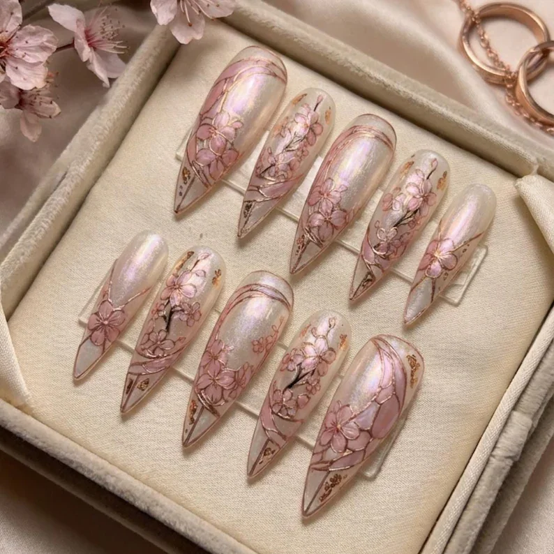 floral nail design, cherry blossom nails, press on nails, custom press on nails, fake nails, Nails Art, stained glass nails, gold press on nails, 3d press on nails, luxury press on nails, handmade press on nails
