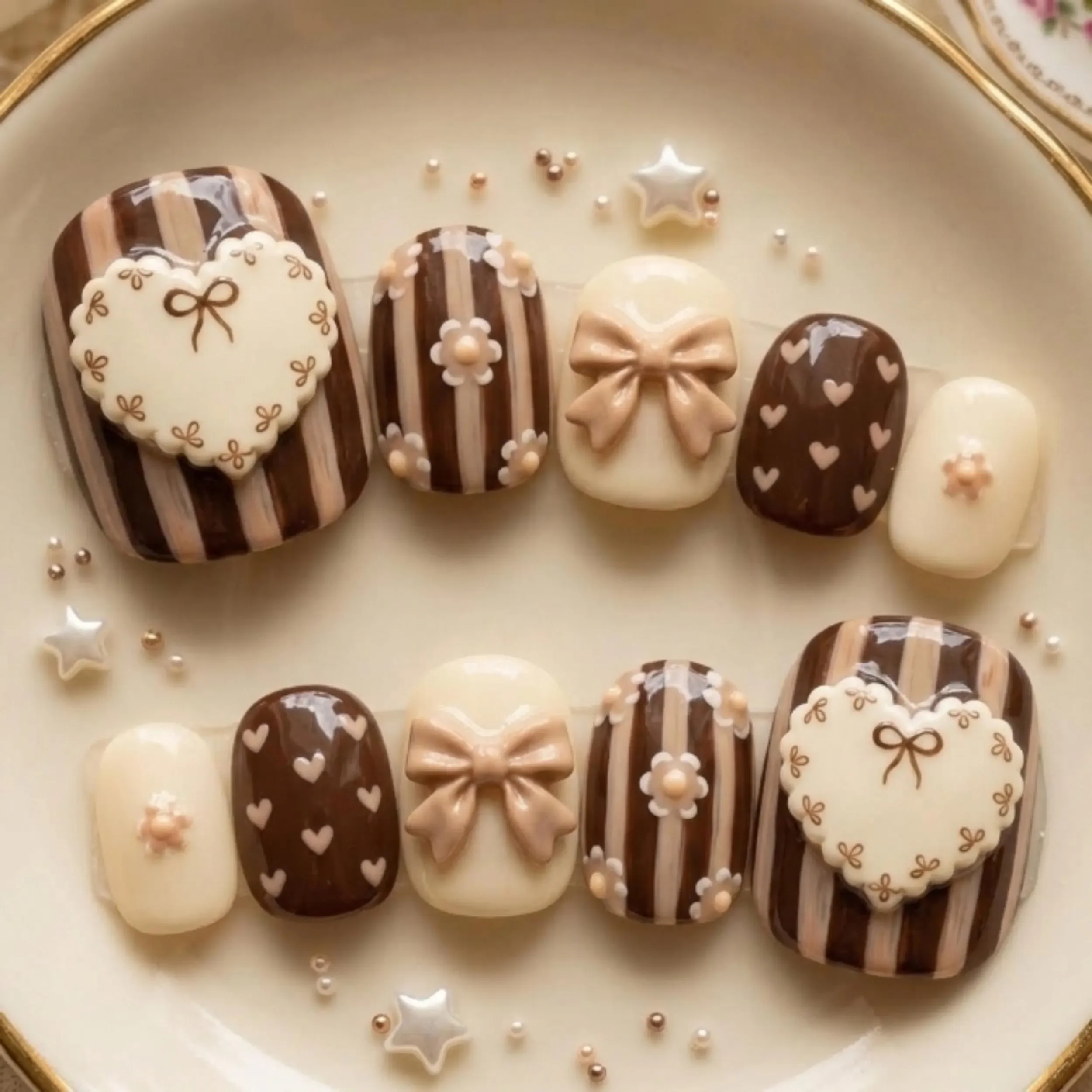 chocolate coquette, hand-painted 3d, press on nails, custom press on nails, fake nails, Nails Art, stained glass nails, gold press on nails, 3d press on nails, luxury press on nails, handmade press on nails