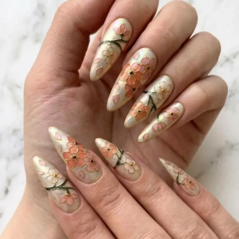iridescent pearl, cherry blossom art, press on nails, custom press on nails, fake nails, Nails Art, stained glass nails, gold press on nails, 3d press on nails, luxury press on nails, handmade press on nails