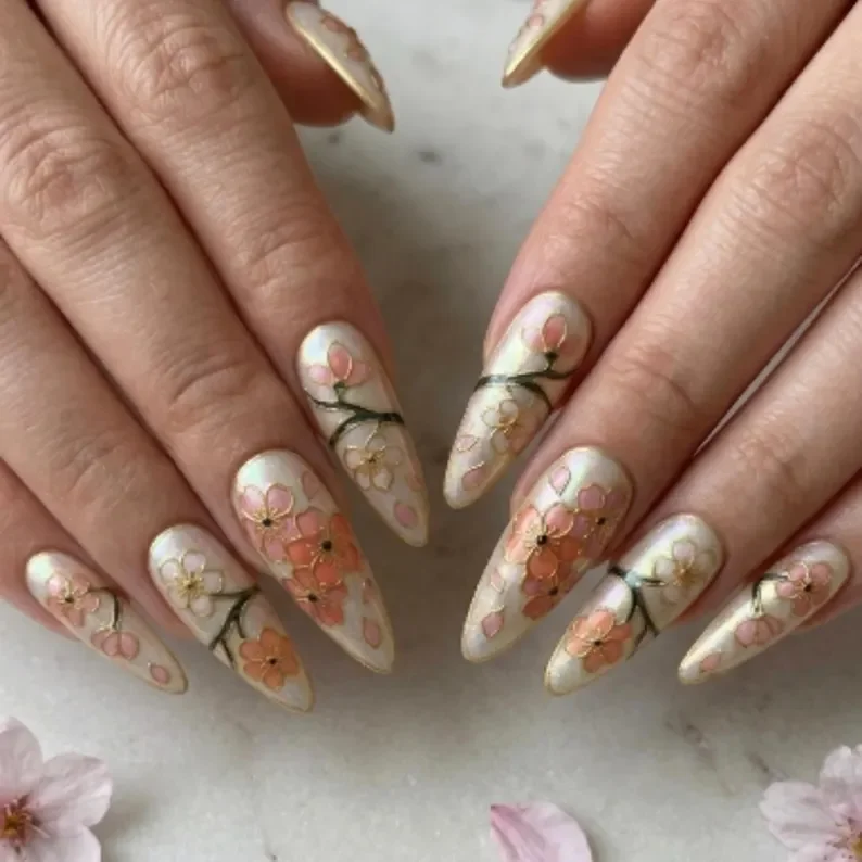 pearl iridescent, floral nail design, press on nails, custom press on nails, fake nails, Nails Art, stained glass nails, gold press on nails, 3d press on nails, luxury press on nails, handmade press on nails