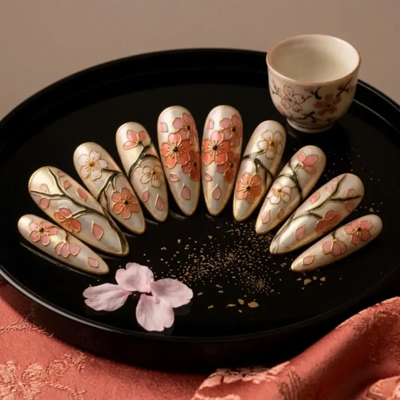 cloisonné sakura, hand-painted nails, press on nails, custom press on nails, fake nails, Nails Art, stained glass nails, gold press on nails, 3d press on nails, luxury press on nails, handmade press on nails