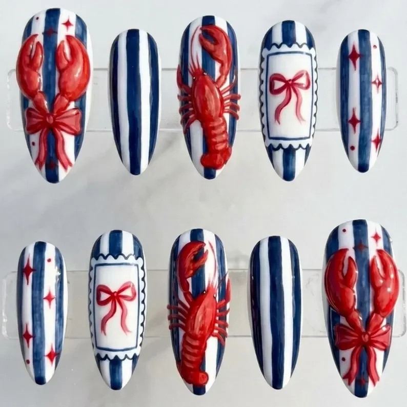 coastal chic lobster, hand-painted 3d, press on nails, custom press on nails, fake nails, Nails Art, stained glass nails, gold press on nails, 3d press on nails, luxury press on nails, handmade press on nails