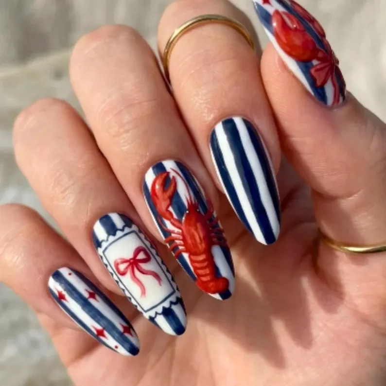 artisan set, lobster nail art, press on nails, custom press on nails, fake nails, Nails Art, stained glass nails, gold press on nails, 3d press on nails, luxury press on nails, handmade press on nails
