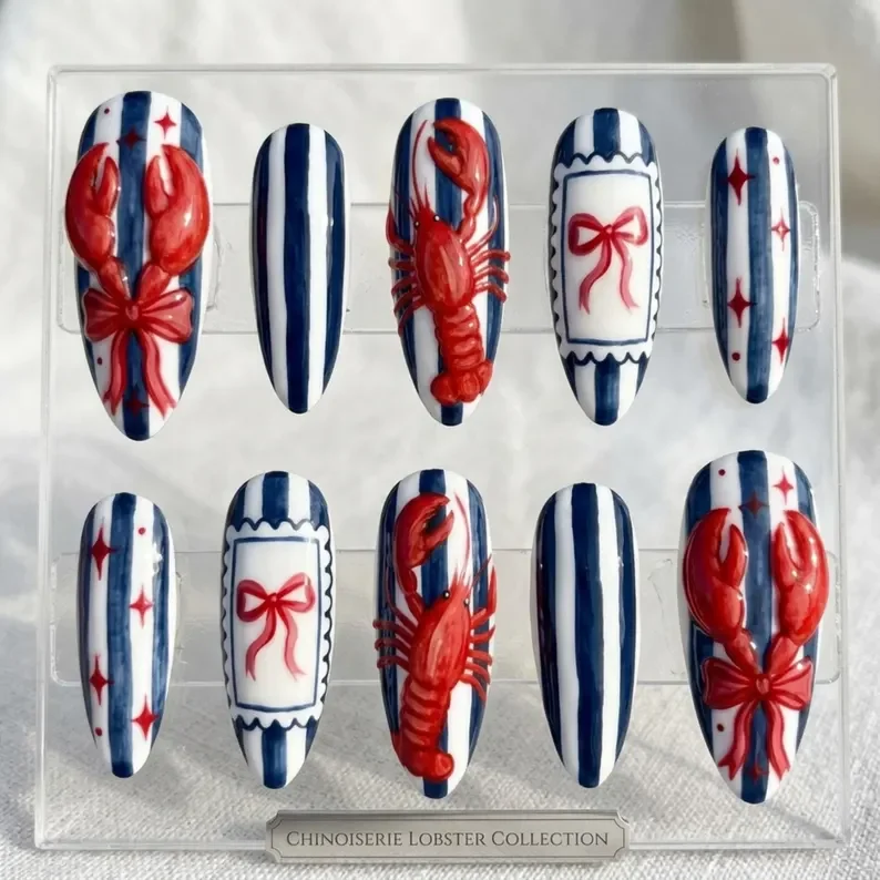 coastal chic lobster, hand-painted 3d, press on nails, custom press on nails, fake nails, Nails Art, stained glass nails, gold press on nails, 3d press on nails, luxury press on nails, handmade press on nails