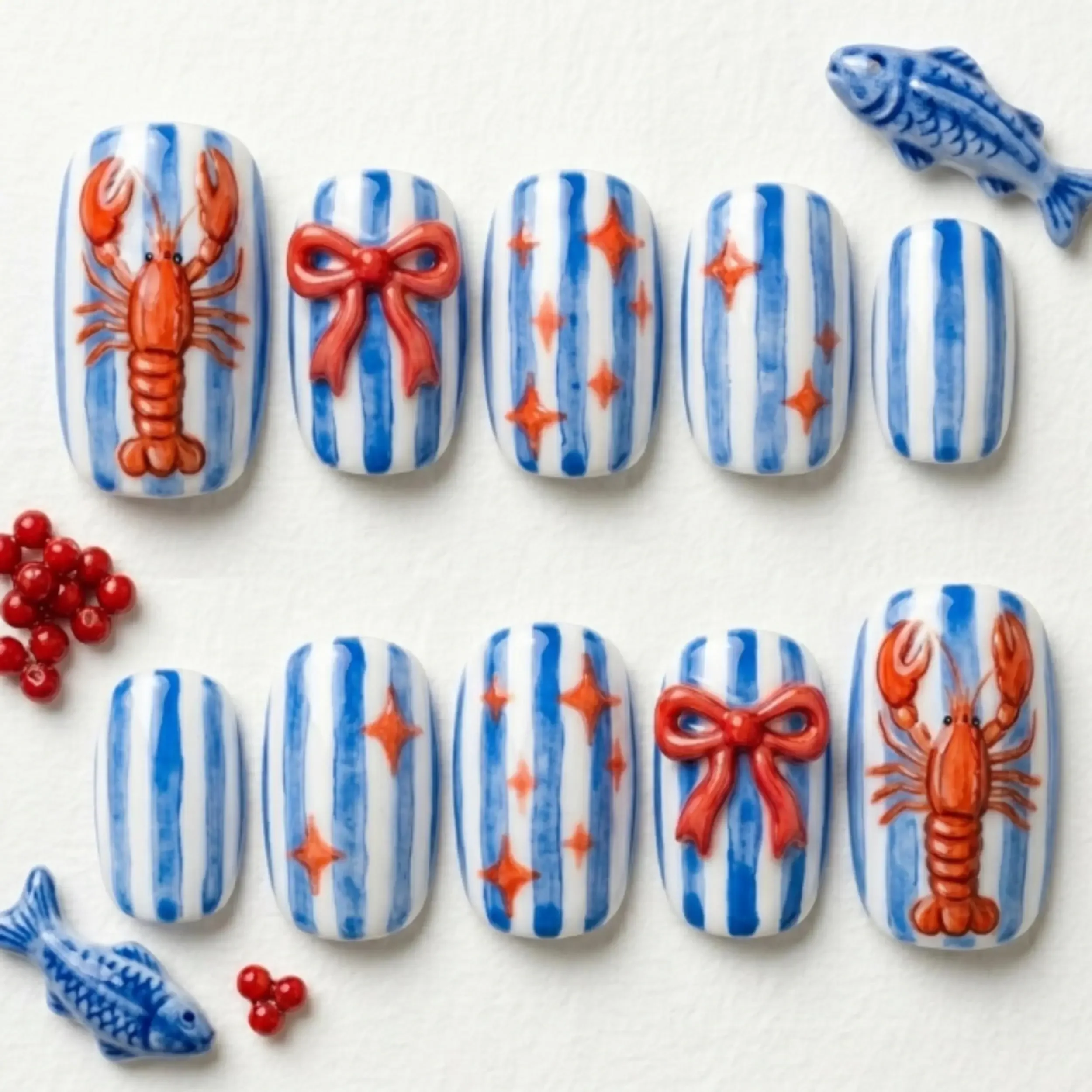 coastal lobster, lobster stripes, press on nails, custom press on nails, fake nails, Nails Art, stained glass nails, gold press on nails, 3d press on nails, luxury press on nails, handmade press on nails