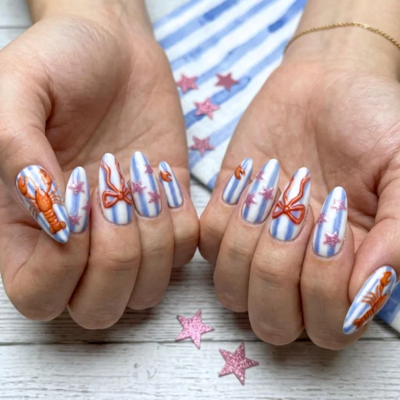 coastal lobster, lobster stripes, press on nails, custom press on nails, fake nails, Nails Art, stained glass nails, gold press on nails, 3d press on nails, luxury press on nails, handmade press on nails