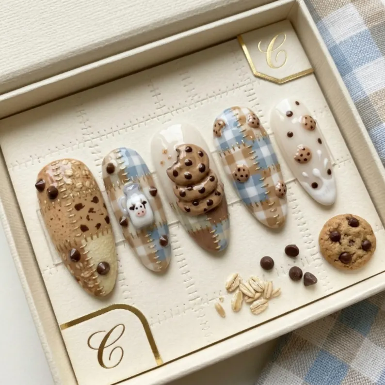 milk jug nails, 3d cookie design, press on nails, custom press on nails, fake nails, Nails Art, stained glass nails, gold press on nails, 3d press on nails, luxury press on nails, handmade press on nails