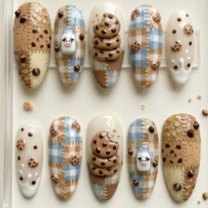 chocolate chip cookies, gingham foodie, press on nails, custom press on nails, fake nails, Nails Art, stained glass nails, gold press on nails, 3d press on nails, luxury press on nails, handmade press on nails