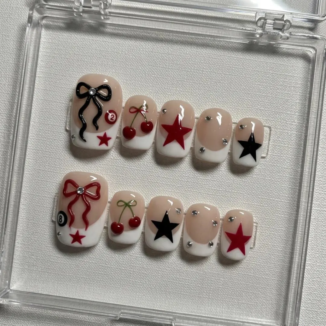 coquette cherry bow, press on toes, press on nails, custom press on nails, fake nails, Nails Art, stained glass nails, gold press on nails, 3d press on nails, luxury press on nails, handmade press on nails