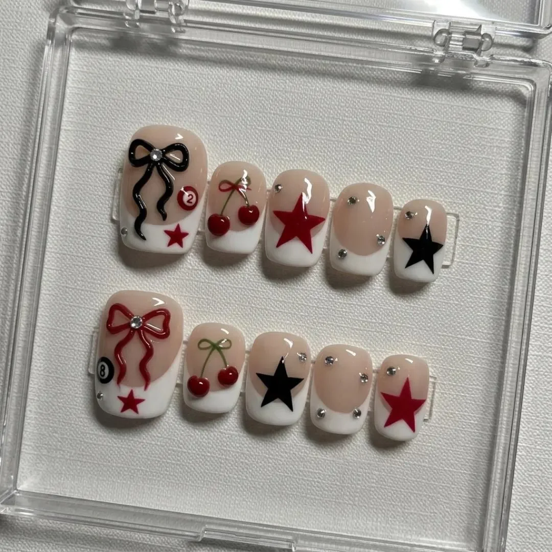 coquette cherry bow, press on toes, press on nails, custom press on nails, fake nails, Nails Art, stained glass nails, gold press on nails, 3d press on nails, luxury press on nails, handmade press on nails