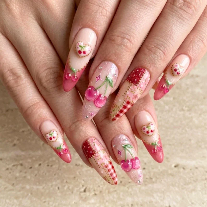 coquette cherry patchwork, 3D hand painted nails, press on nails, custom press on nails, fake nails, Nails Art, stained glass nails, gold press on nails, 3d press on nails, luxury press on nails, handmade press on nails