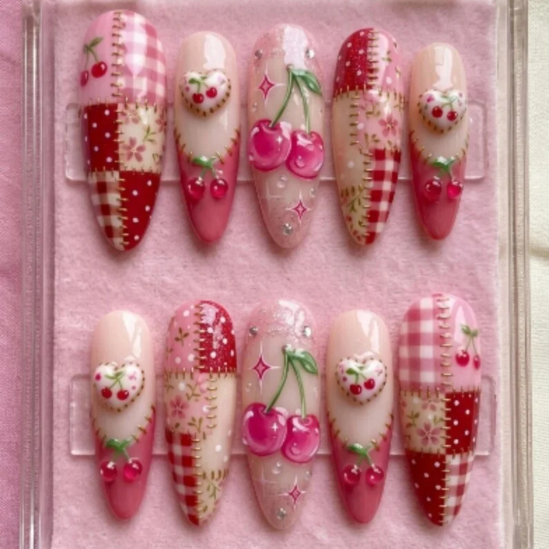 red gingham quilt, patchwork nail set, press on nails, custom press on nails, fake nails, Nails Art, stained glass nails, gold press on nails, 3d press on nails, luxury press on nails, handmade press on nails