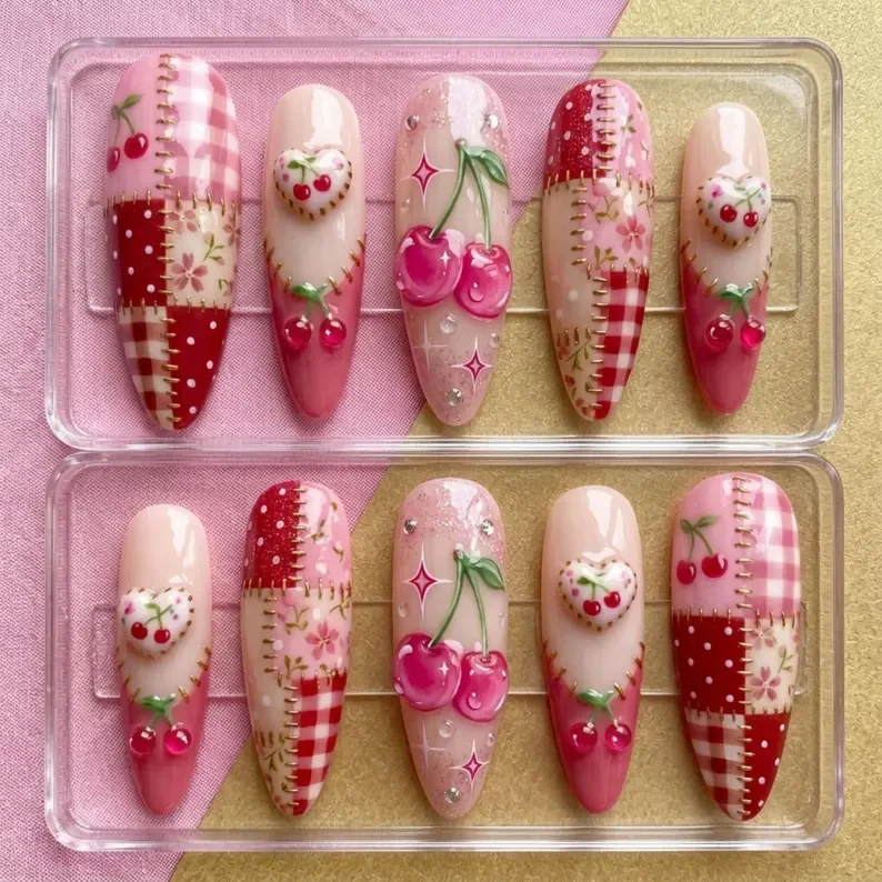coquette cherry patchwork, 3D hand painted nails, press on nails, custom press on nails, fake nails, Nails Art, stained glass nails, gold press on nails, 3d press on nails, luxury press on nails, handmade press on nails