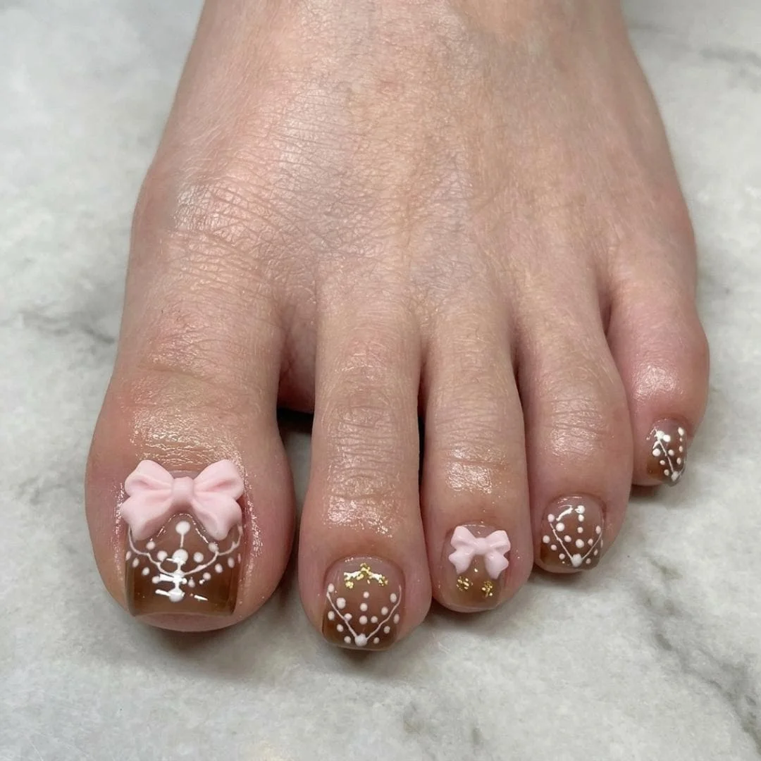 coquette pink bow, toe nails, press on nails, custom press on nails, fake nails, Nails Art, stained glass nails, gold press on nails, 3d press on nails, luxury press on nails, handmade press on nails