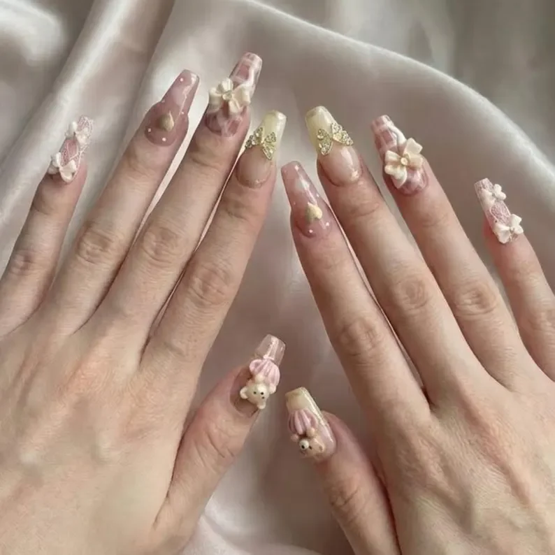 lace kawaii, press-on nails, press on nails, custom press on nails, fake nails, Nails Art, stained glass nails, gold press on nails, 3d press on nails, luxury press on nails, handmade press on nails