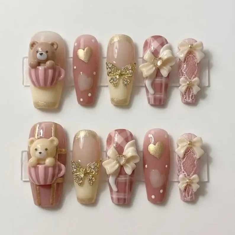 kawaii nails, teddy bear nails, press on nails, custom press on nails, fake nails, Nails Art, stained glass nails, gold press on nails, 3d press on nails, luxury press on nails, handmade press on nails