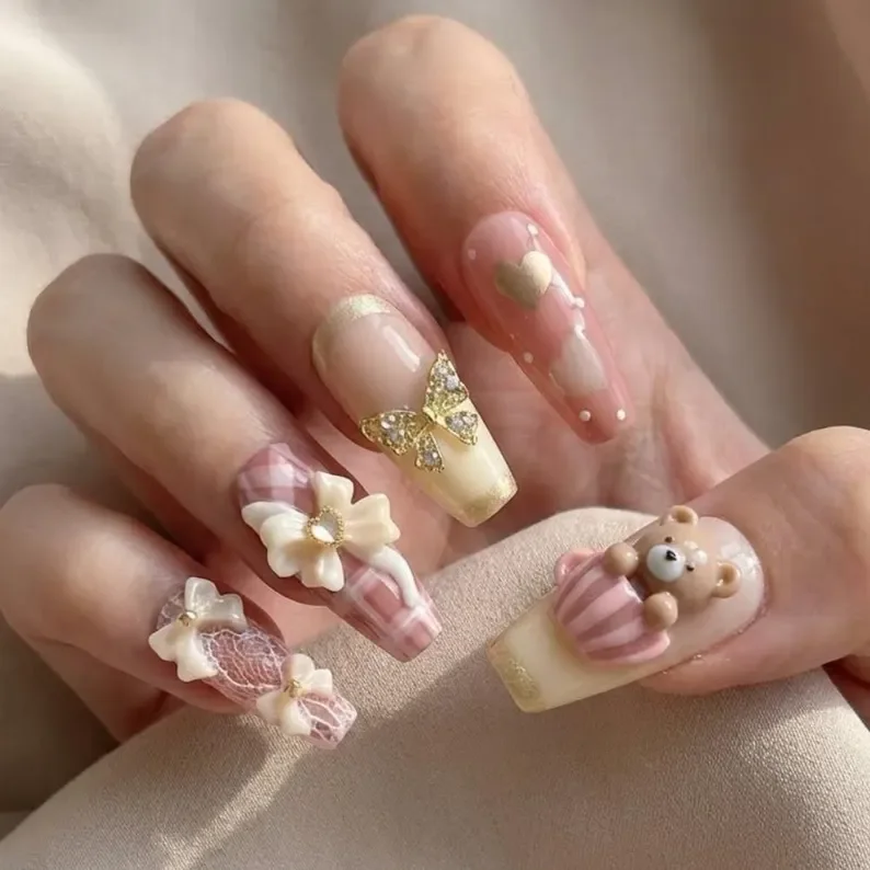 coquette nails, 3D nail art, press on nails, custom press on nails, fake nails, Nails Art, stained glass nails, gold press on nails, 3d press on nails, luxury press on nails, handmade press on nails