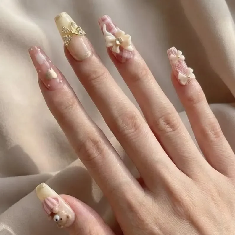 lace nail design, coquette tea party, press on nails, custom press on nails, fake nails, Nails Art, stained glass nails, gold press on nails, 3d press on nails, luxury press on nails, handmade press on nails