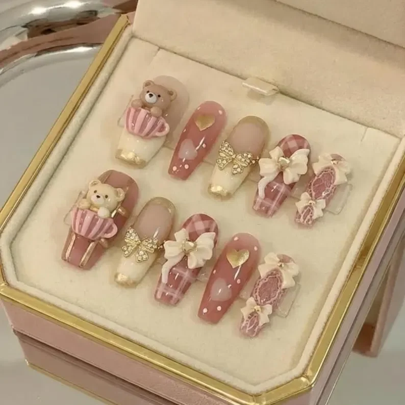 3D teddy bear, lace kawaii, press on nails, custom press on nails, fake nails, Nails Art, stained glass nails, gold press on nails, 3d press on nails, luxury press on nails, handmade press on nails