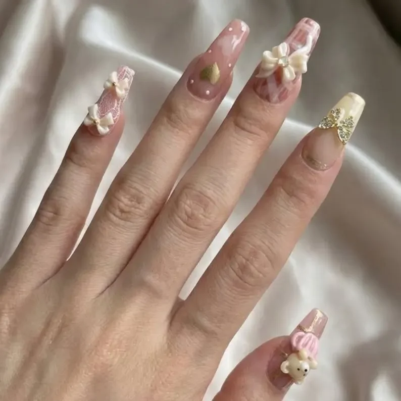 teddy bear nails, coquette nails, press on nails, custom press on nails, fake nails, Nails Art, stained glass nails, gold press on nails, 3d press on nails, luxury press on nails, handmade press on nails