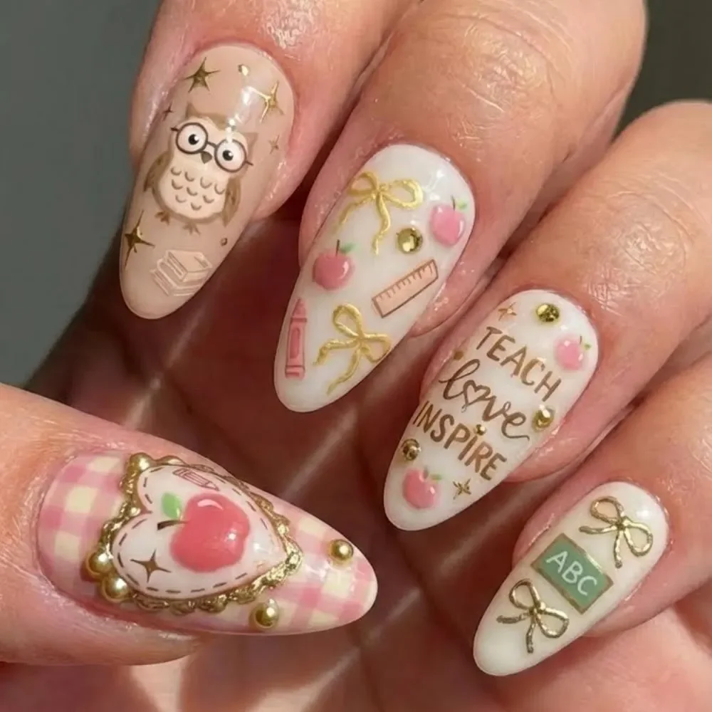 coquette press on nails, teacher themed nails, press on nails, custom press on nails, fake nails, Nails Art, stained glass nails, gold press on nails, 3d press on nails, luxury press on nails, handmade press on nails