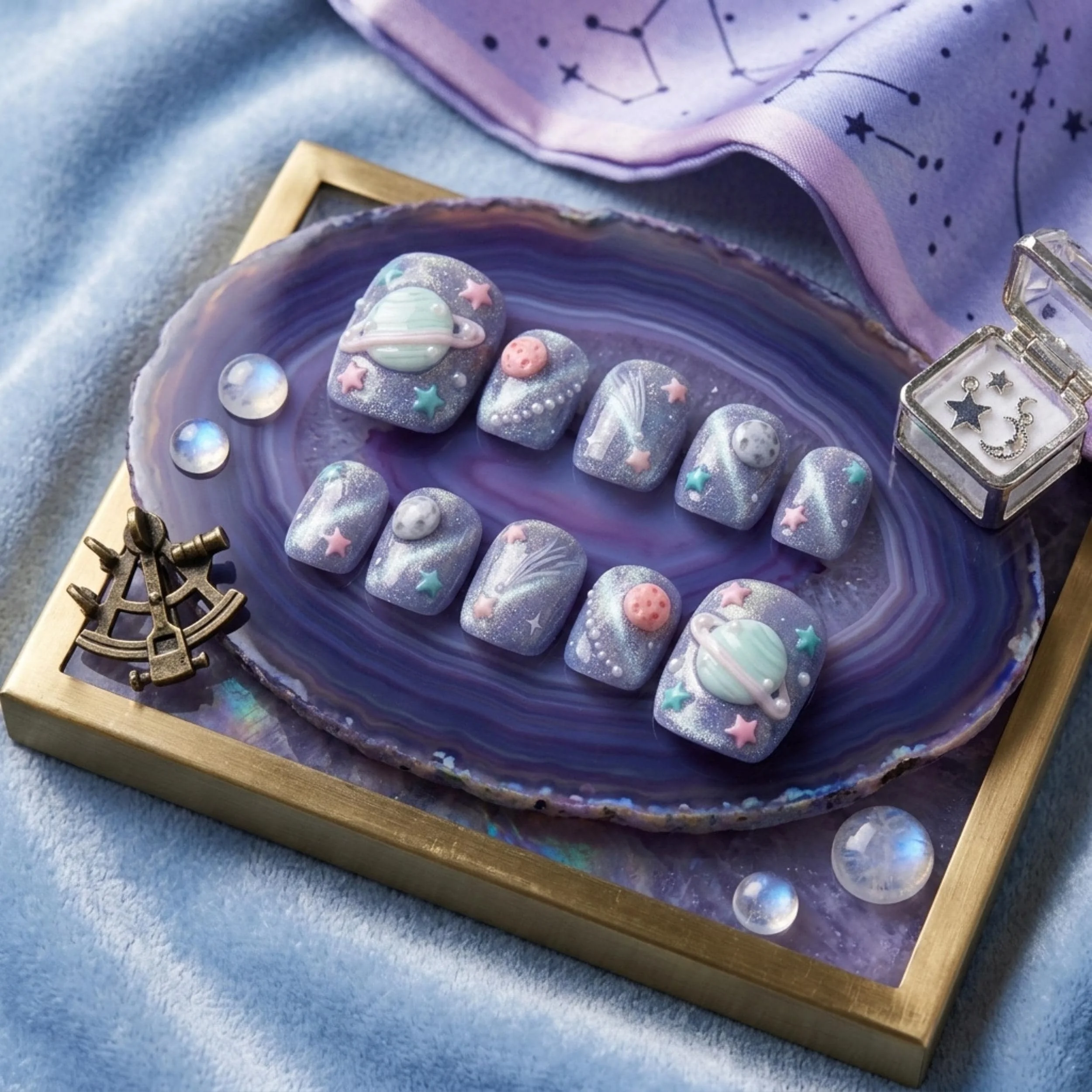 3D galaxy press on, lavender cat-eye, press on nails, custom press on nails, fake nails, Nails Art, stained glass nails, gold press on nails, 3d press on nails, luxury press on nails, handmade press on nails