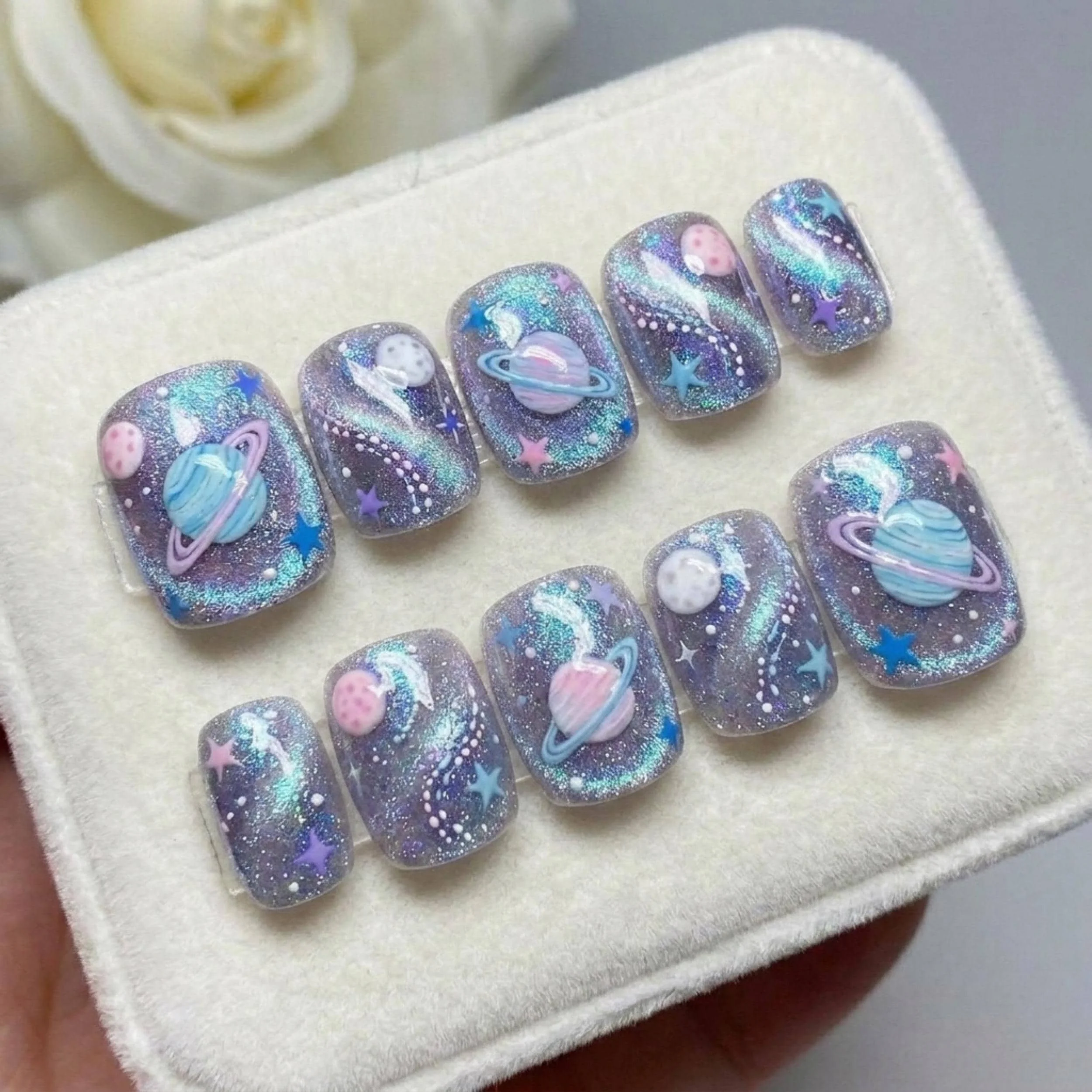 cosmic voyage, hand-painted 3d, press on nails, custom press on nails, fake nails, Nails Art, stained glass nails, gold press on nails, 3d press on nails, luxury press on nails, handmade press on nails