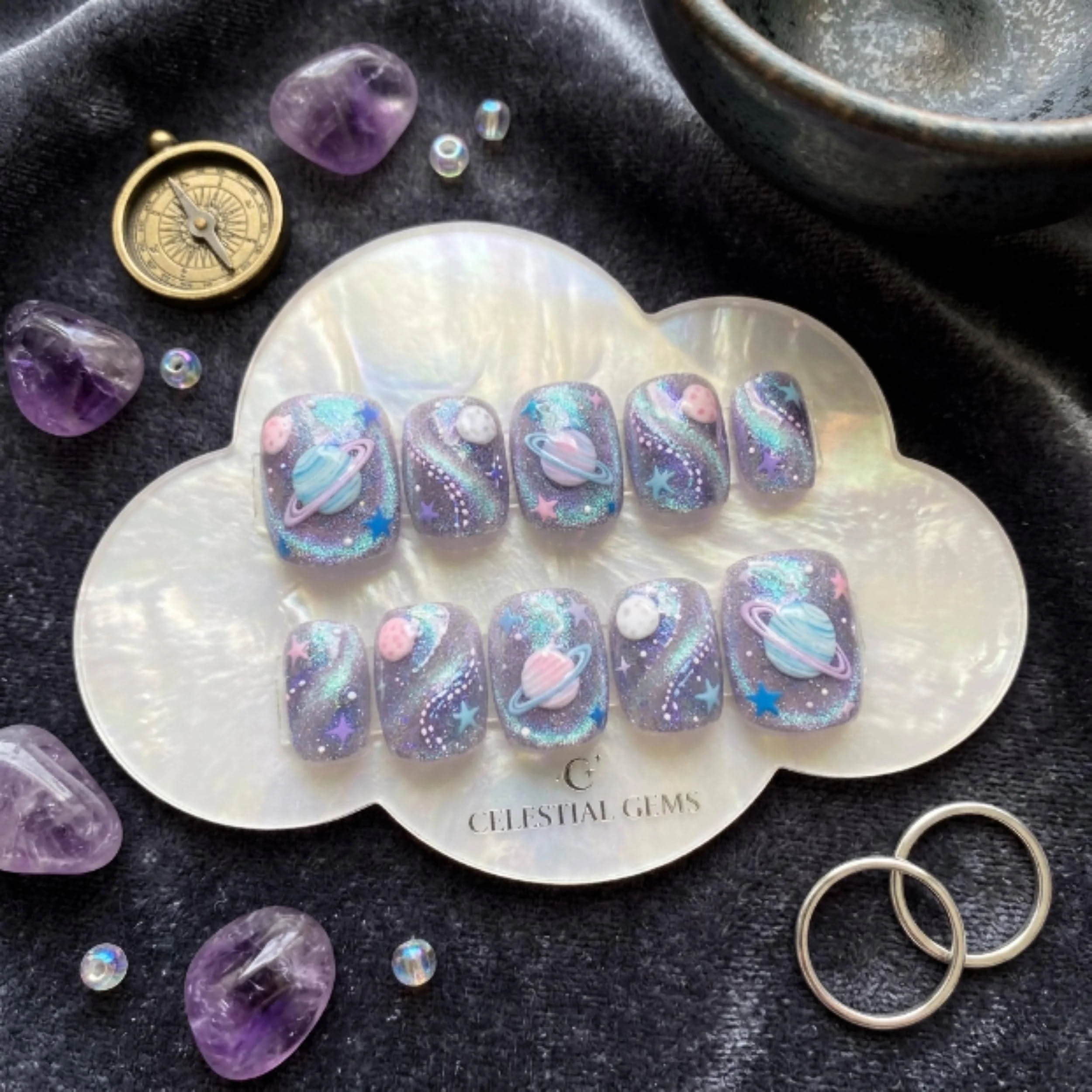 cosmic voyage, hand-painted 3d, press on nails, custom press on nails, fake nails, Nails Art, stained glass nails, gold press on nails, 3d press on nails, luxury press on nails, handmade press on nails