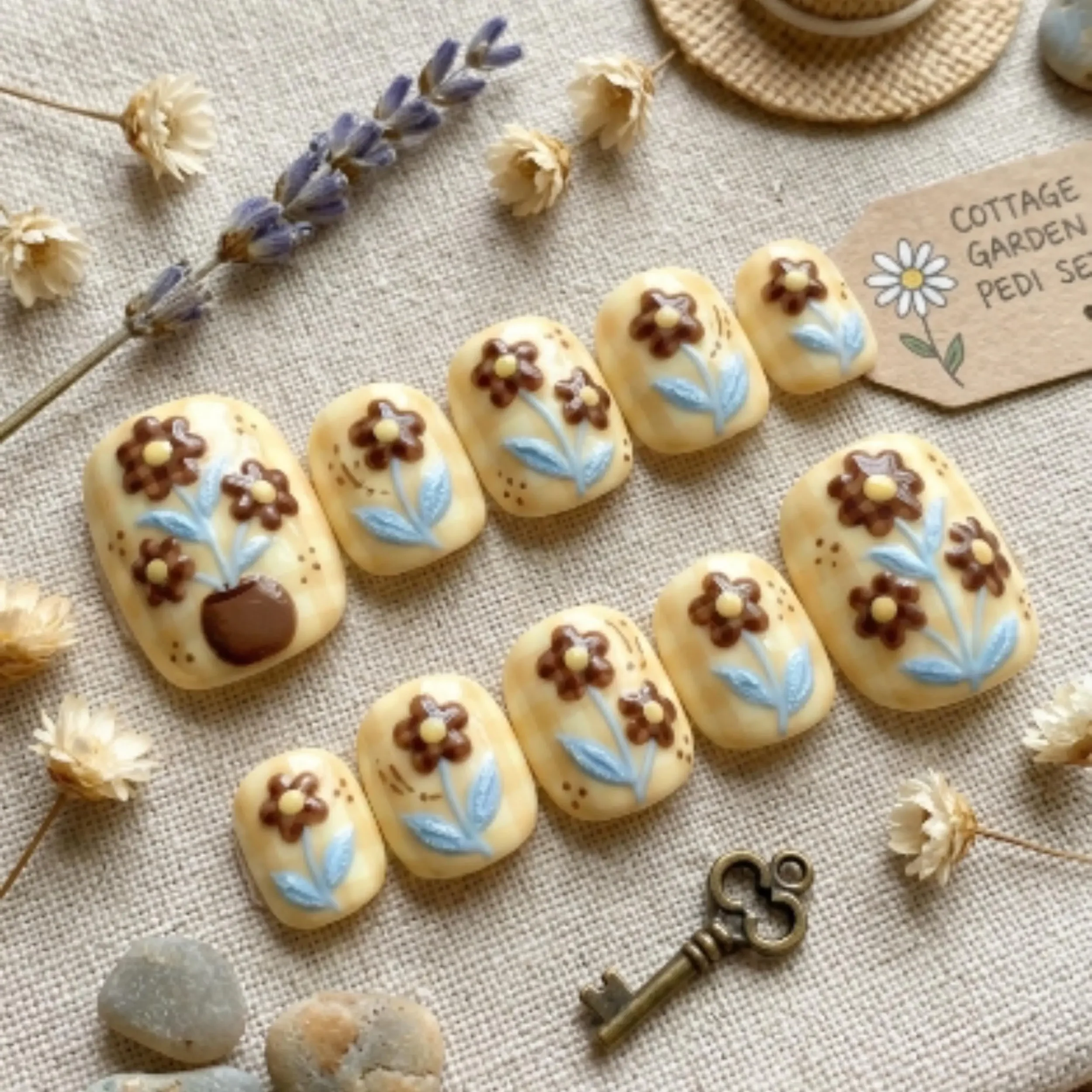 cottage garden, 3D hand-painted, press on nails, custom press on nails, fake nails, Nails Art, stained glass nails, gold press on nails, 3d press on nails, luxury press on nails, handmade press on nails
