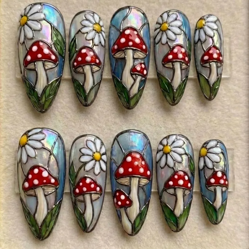 cottagecore press on nails, mushroom stained glass, press on nails, custom press on nails, fake nails, Nails Art, stained glass nails, gold press on nails, 3d press on nails, luxury press on nails, handmade press on nails
