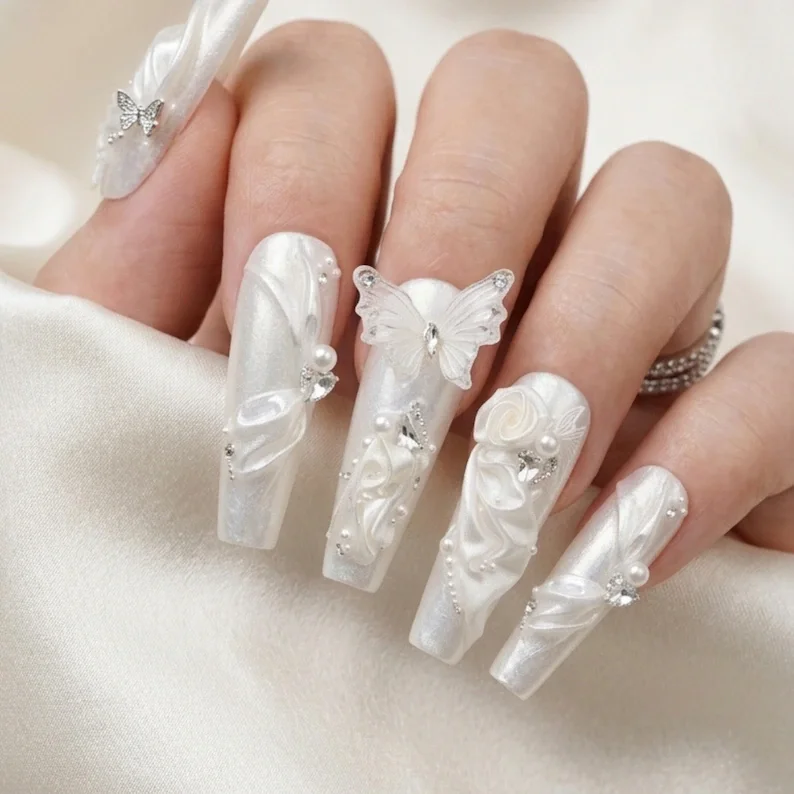 couture bridal nails, 3D silk drapery, press on nails, custom press on nails, fake nails, Nails Art, stained glass nails, gold press on nails, 3d press on nails, luxury press on nails, handmade press on nails
