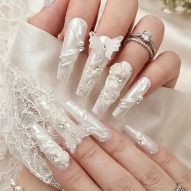 wedding nail art, coquette wedding, press on nails, custom press on nails, fake nails, Nails Art, stained glass nails, gold press on nails, 3d press on nails, luxury press on nails, handmade press on nails
