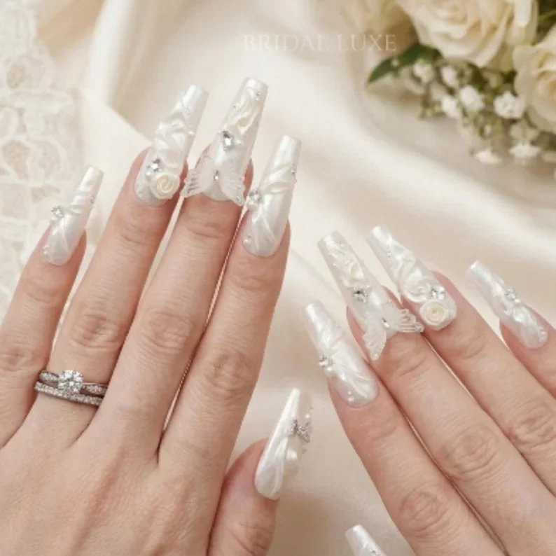 silk drapery nails, bridal nail design, press on nails, custom press on nails, fake nails, Nails Art, stained glass nails, gold press on nails, 3d press on nails, luxury press on nails, handmade press on nails