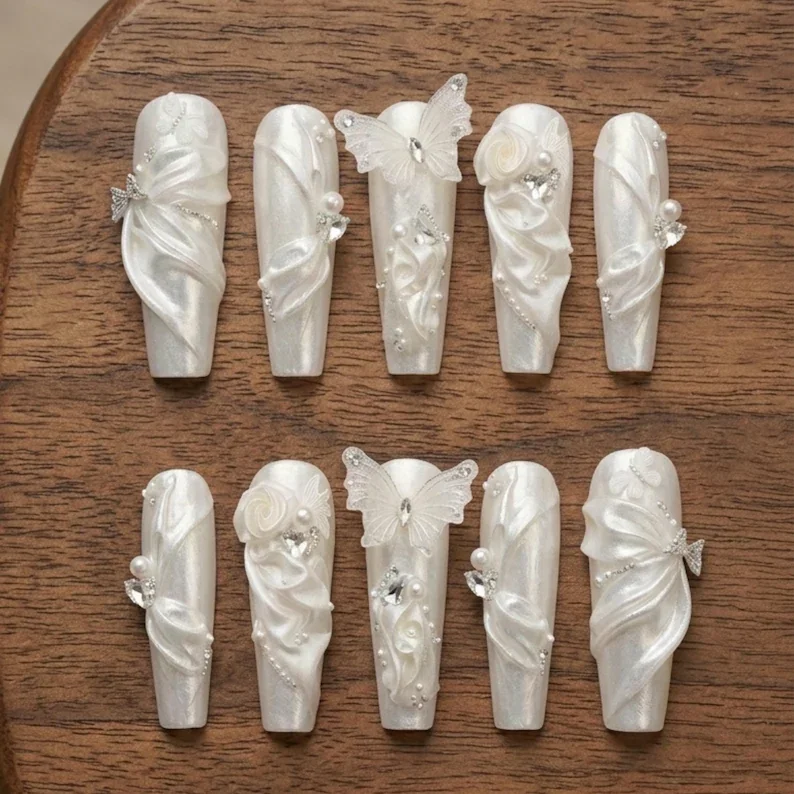 couture bridal nails, 3D silk drapery, press on nails, custom press on nails, fake nails, Nails Art, stained glass nails, gold press on nails, 3d press on nails, luxury press on nails, handmade press on nails